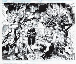 The Amazing Spider-Man 65 DEATHS Page 13-14 Double Page Spread by Kev Walker and Wade von Grawbadger